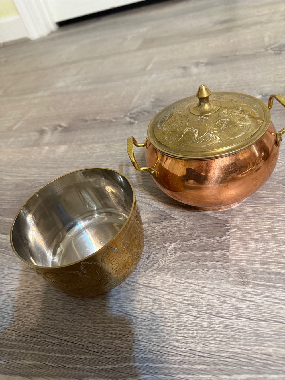 Sarna Etched Brass Bowl and Copper and Brass Handi Handled Pot  3 pieces Lot